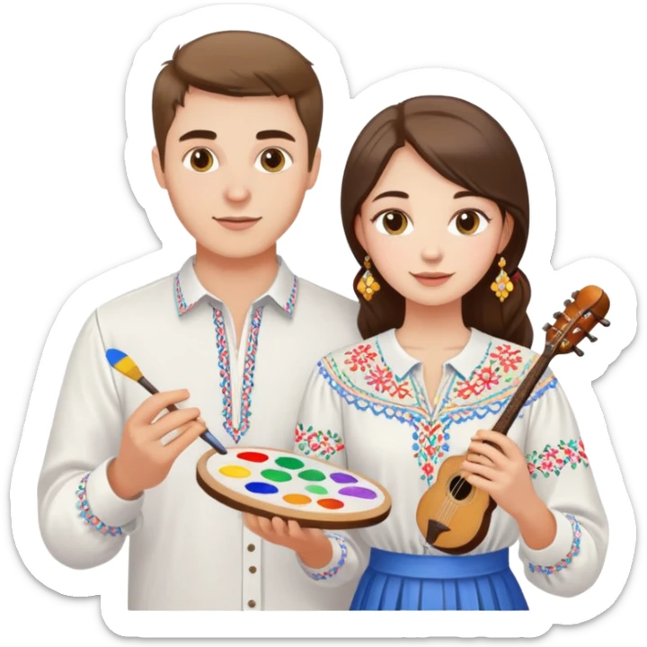 a guy in a white Ukrainian embroidered shirt and a girl in a white Ukrainian embroidered shirt, holding music and a paint palette sticker