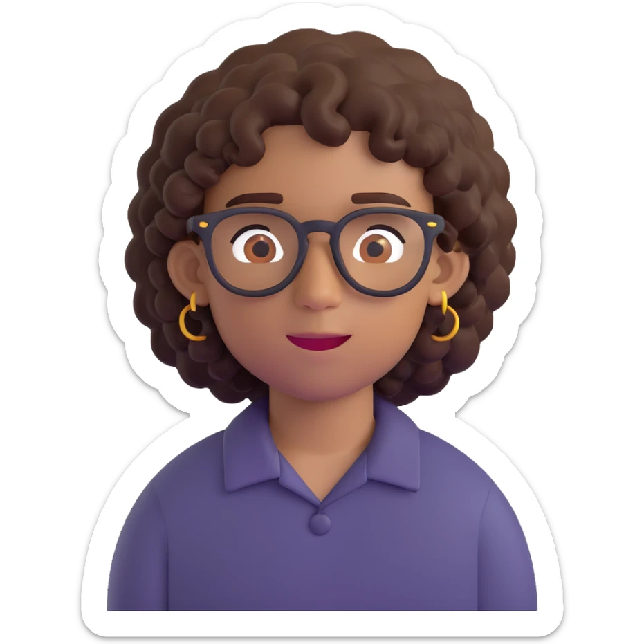 boy with curly hair and brown skin, wearing black glasses and earrings, 3D emoji style sticker