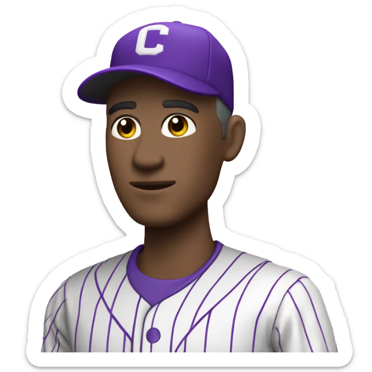 baseball card character. white male. letter C logo. Purple and white uniform.  sticker