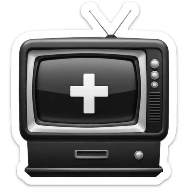 Minimalist emoji-style sticker of a CRT TV in the shape of a coffin, with a cross or static noise on the screen. Desaturated design.  sticker