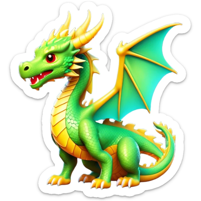Clash of Clans aesthetic: Cinematic fierce Dragon Emoji, rendered in a 3D vector-style similar to standard emojis with minimal shading and bold, simplified shapes. A compact, isometric dragon with majestic wings and intricately scaled details, softly glowing with a legendary, mythical charm. Simplified yet unmistakably iconic, highly detailed and consistent, glowing with a soft radiant brilliance and high shine. Stylized with a touch of fantastical might and a soft glowing outline, capturing the essence of a mighty dragon with a friendly, playful demeanor! sticker