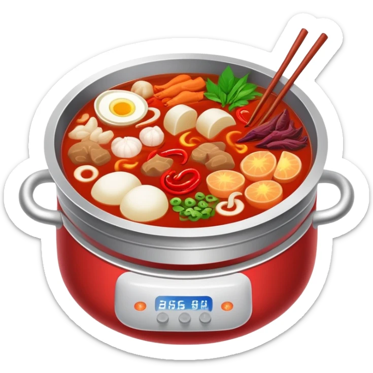 Sichuan Hot Pot with spicy red broth and ingredients, simplified emoji style with bold outlines and bright colors, cartoon style traditional Chinese divided hot pot sticker