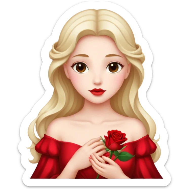 Cinematic Elegant Aurora Portrait Emoji, Delicately holding a single red rose, gazing with soft wonder, lips gently parted as if about to sing, the picture of grace and elegance, glowing with royal charm! sticker
