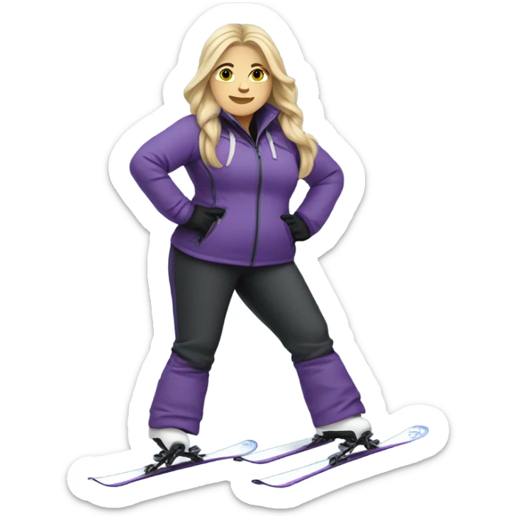 Chubby female long blonde hair skier with purpley-grey jacket and black pants showing whole body in high resolution sticker