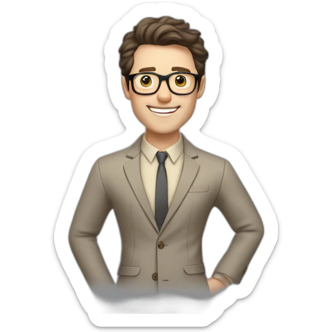 Joyful Pale skinned Fit Man With dark brown hair in gray jacket, beige office shirt, Brown pants and vintage glasses. His thrumbs up sticker
