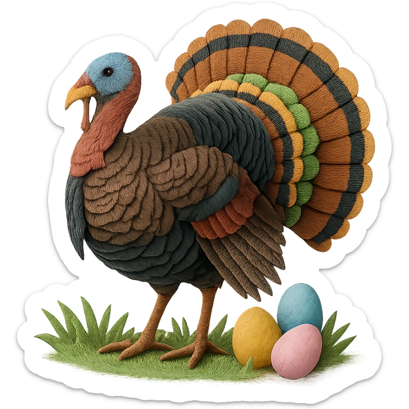 very detailed wild turkey in paper craft style, intricate cut paper textures, iridescent feathers, fanned tail, standing in spring grass with Easter eggs nearby sticker