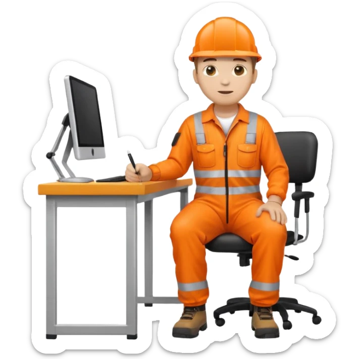 full body of a man in orange reflective safety overalls sitting at a desk, emoji style sticker