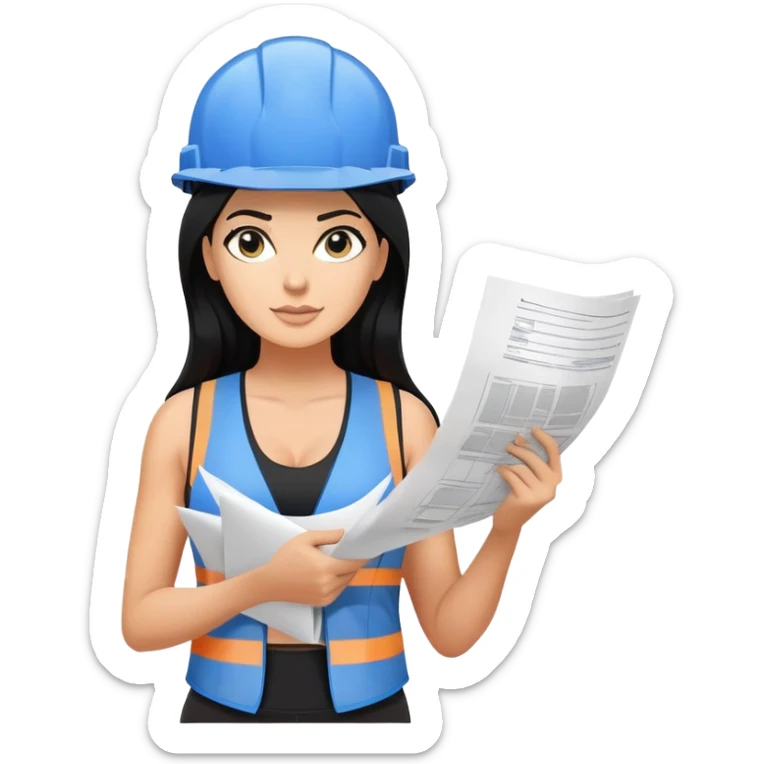 construction hat, blue print plan paper in hand, long black hair tanned woman, black sports bra, vest, sexy sticker