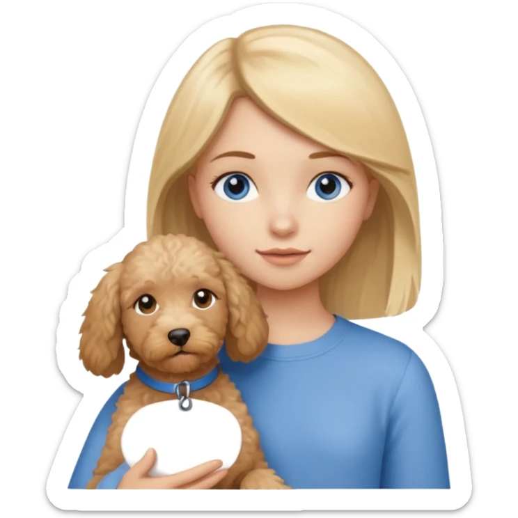 teenage aged girl with blonde straight hair, brown eyebrows, blue eyes, holding a small beige labradoodle  sticker