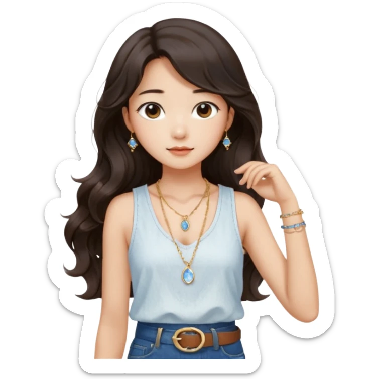 Stylish South Korean girl with long wavy dark hair, wearing a white textured sleeveless top, blue jeans, and a brown belt — soft lighting, cozy indoor vibe, a small, moonstone pendant necklace with a dainty gold chain adds a delicate touch sticker