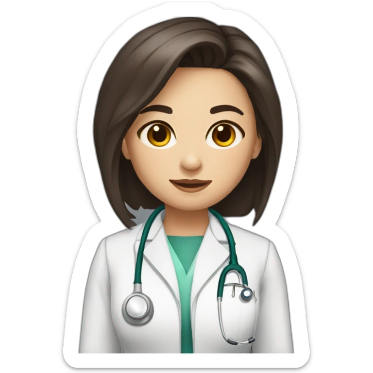 female doctor with mid dark brown length hair and very dark brown eyes crouching sticker