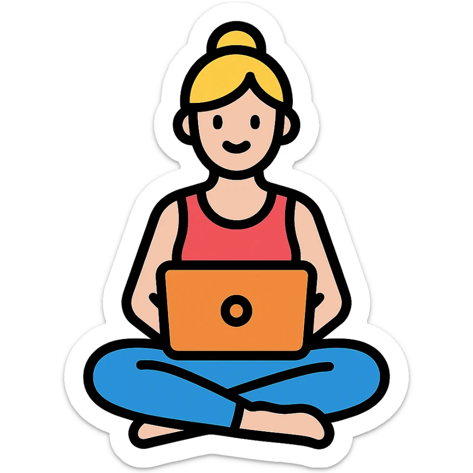 yoga teacher sitting cross-legged with a laptop, colored icon with black outlines sticker