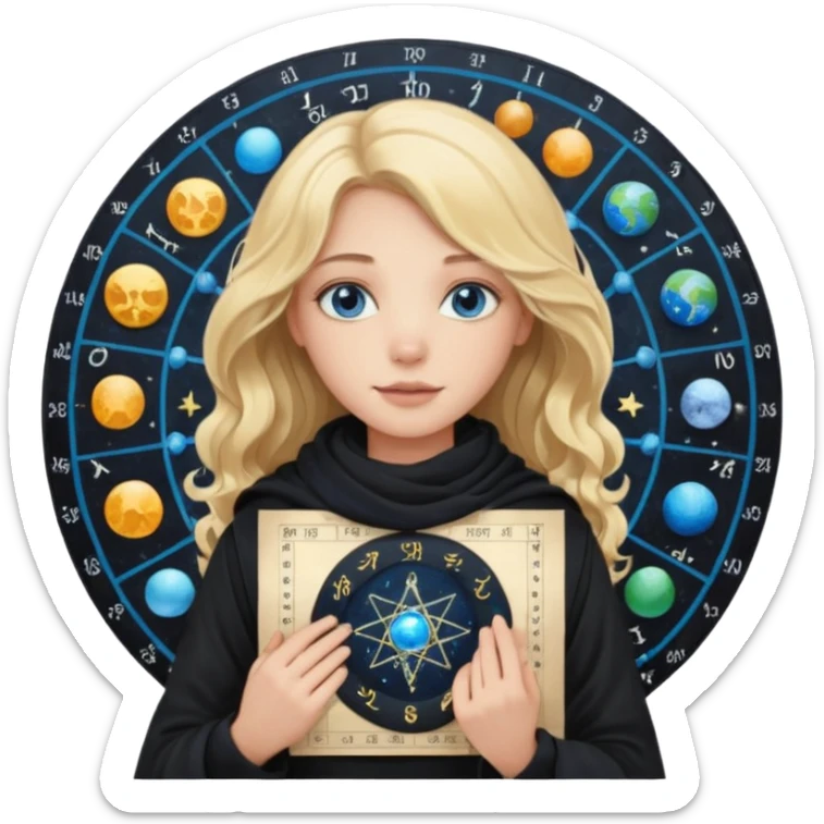 A long wavy haired blonde girl with blue eyes, wearing black, with a scarf on, holding astrology natal chart paper   sticker