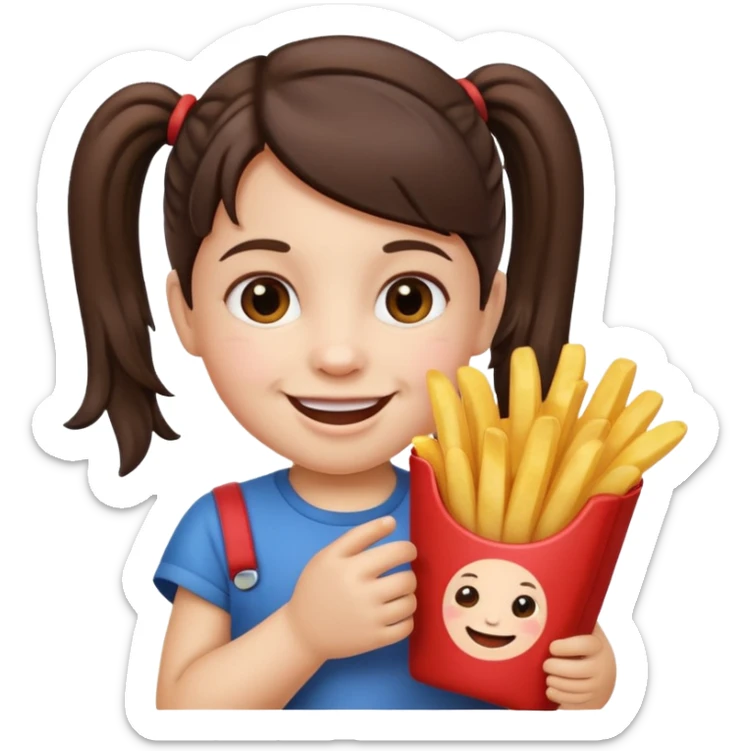 Toddler emoji with two pigtails dark brown hair, fair skin, holding French fries sticker