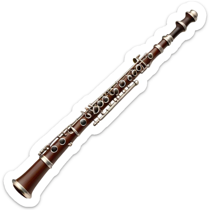 Cinematic Realistic Oboe, slender and elegant dark wood body, silver-plated keys catching soft highlights, delicate reed resting at the top, glowing with refined and classical beauty. sticker