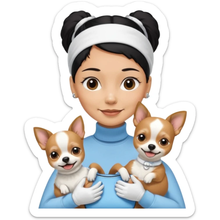  tan skin woman, with very short black hair slicked back ponytail with forehead showing, with white headband, wearing solid pastel blue turtleneck shirt, smiling carrying brown and white furry chihuahua inside dog purse sticker
