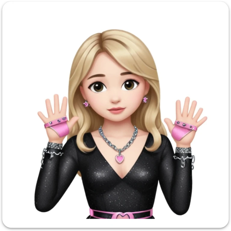 Sabrina carpenter at concert wearing a black sparkly dress with a silver sparkle v neck she is holding up pink handcuffs towards audience and kneeling, blue and red lights setting  sticker