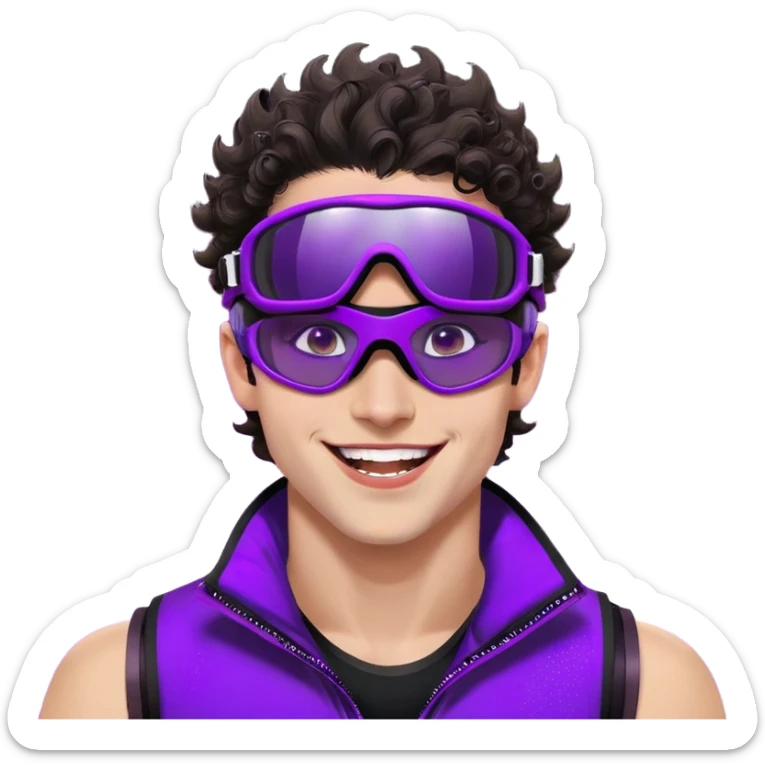 close-up of cool guy male athlete with white skin and moderately curly dark brown hair on top with shaved sides, wearing ski goggles with purple frames and very dark black lenses, winking behind the goggles, with an open mouth confident smile like a cool guy, a simple plain black chain necklace, and a completely unzipped sleeveless vest with purple and black sequin fire pattern design with no logo sticker