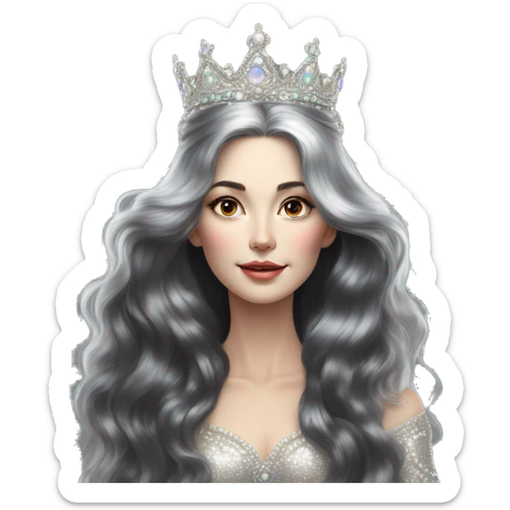 Regal pretty slender middle age woman photograph defined cheekbones high cheekbones crown vintage with very long iridescent black and silver hair wavy long hair pearl crown iridescent sticker