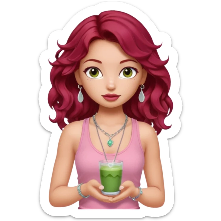 a pretty fair bratz girl with wavy dark red hair, wearing a pink tank top . silver dainty layered necklaces, carrying a matcha sticker