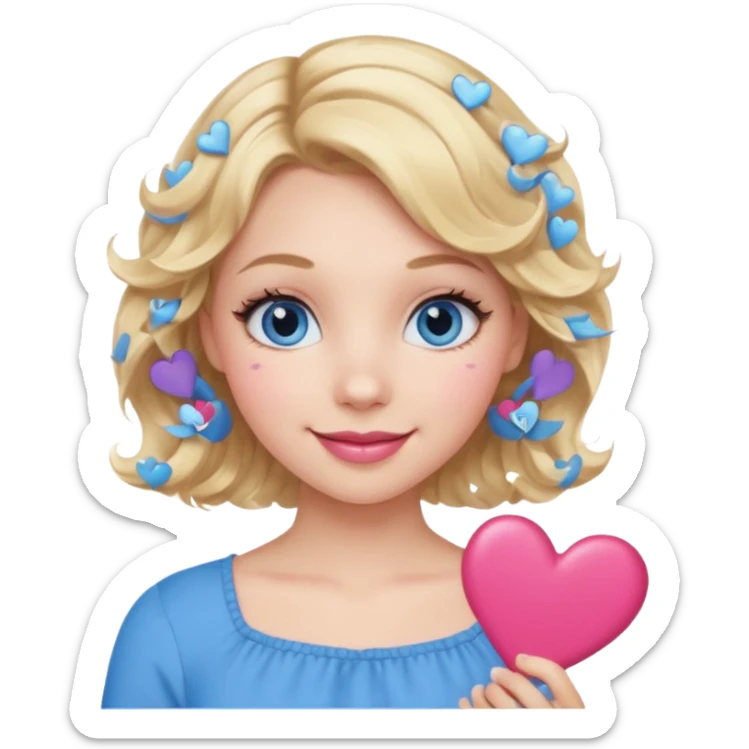 Girl Blonde short wavy hair,  blue eyes, cute blue top, long lashes, pink lips, smiling, holding hearts sticker
