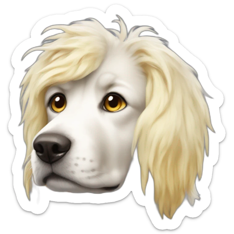 A thousand year old dog with white nose and yellow messy hair sticker