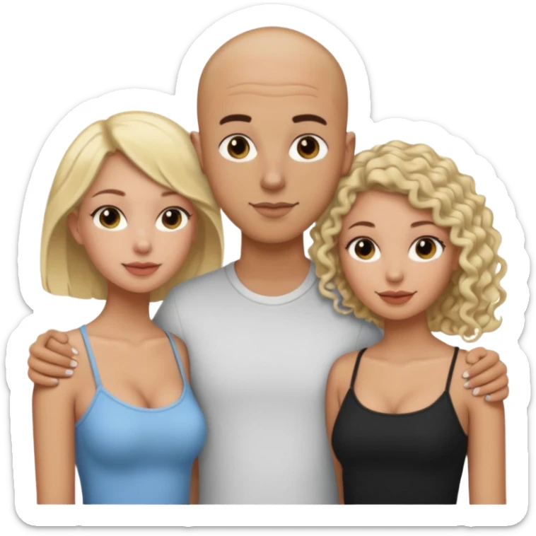 throuple tatted bald boyfriend with two girlfriends, one long blonde hair, other short curly brunette  sticker