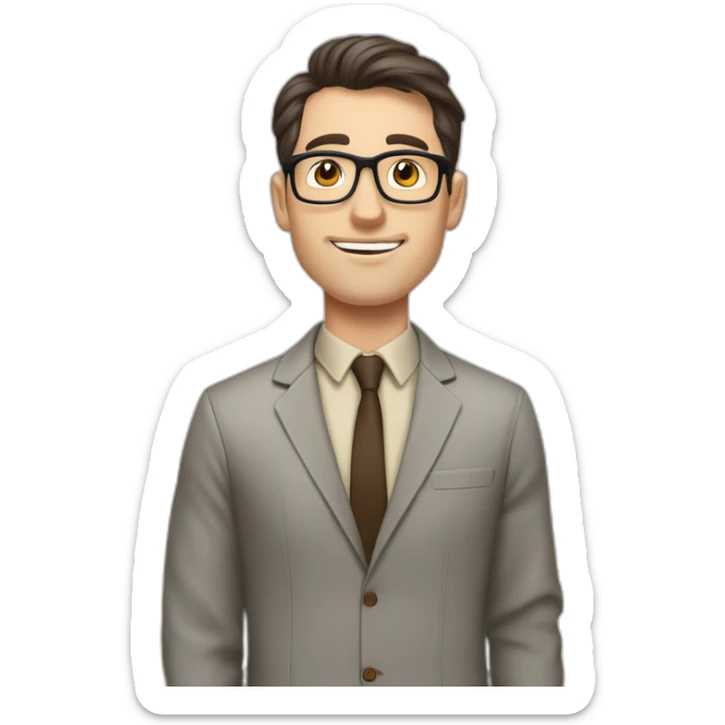 Pale skinned fit man with dark brown hair in gray jacket, beige office shirt, brown tie, brown pants and vintage glasses Writing text on a marker board sticker