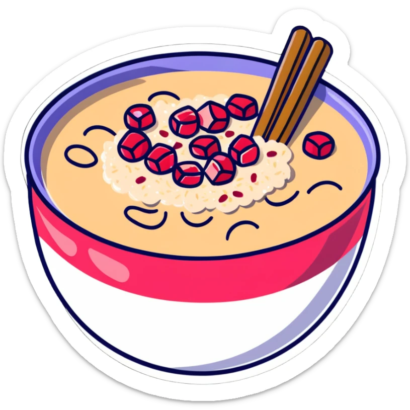 steaming bowl of oatmeal with a dollop of peanut butter, sprinkle of coconut flakes, and fresh pomegranate arils sticker
