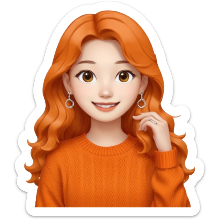 Korean 24-year-old female online shopping mall seller / Orange knit / White face / Earrings / Smiling expression / Long wavy hair / Influencer vibe / Fashionable sticker