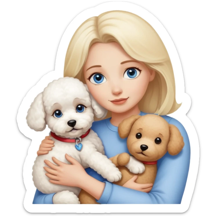 Blonde blue-eyed -mother -hugs two dogs, a Bichon Frise and a Teddy sticker