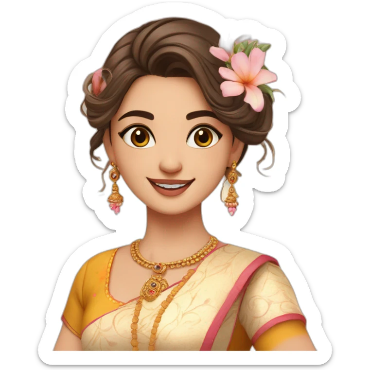 a most beautiful whit girl with a small bindi and cute hairstyle wearing a blur anarkali kurti and a beautfiul smile with flowers sticker