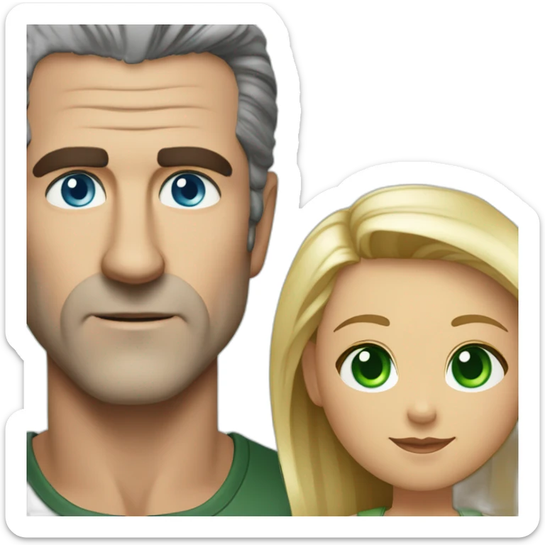 Mel gibson with blue eyes with a short blond straight square cut woman with green eyes sticker