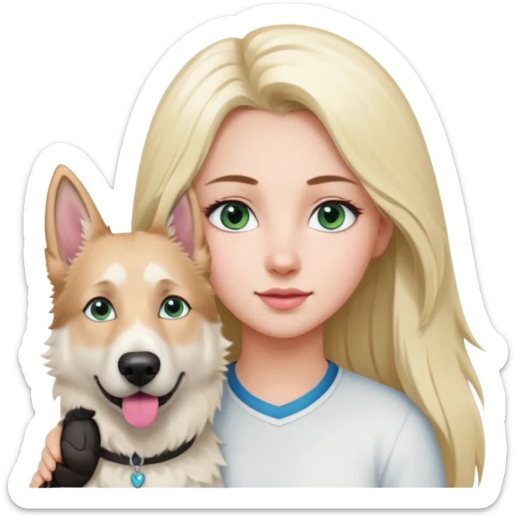 White European young woman with blue-green eyes and long blond hair with her white German Shepherd dog,the Dog hast a pink nose and short fur  and Brown eyes sticker