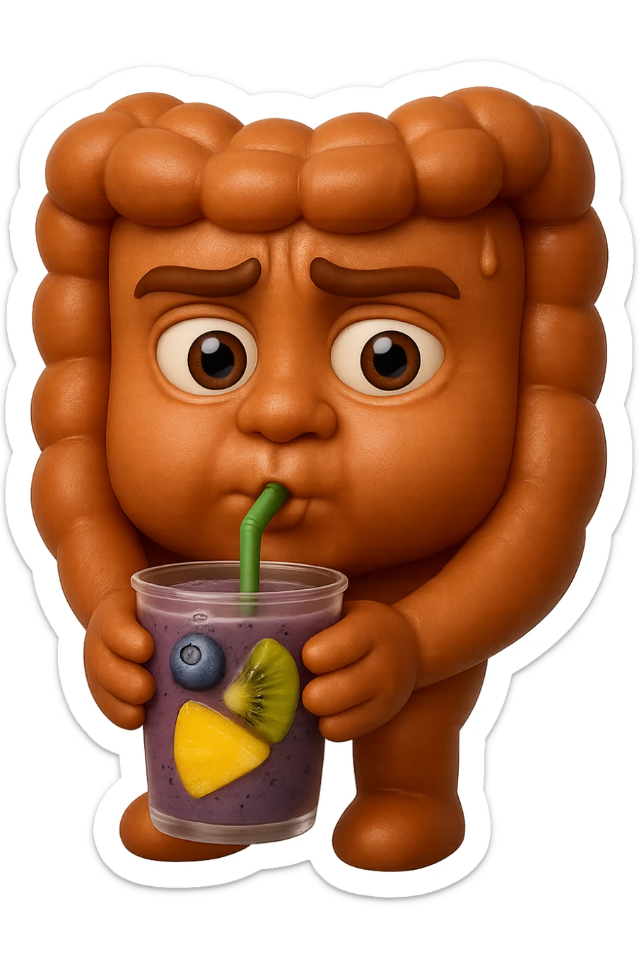 EMOJI STILE IPHONE DI un intestino umano anatomico che beve un frullato di mirtilli, ananas, kiwi, fagli anche la parte bianca degli occhi, non solo le pupille, REALISTICo 4K sticker