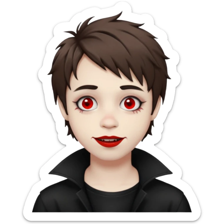 Happy pale Goth boy with shaggy brown hair, and messy makeup, smudged, red, lipstick  sticker