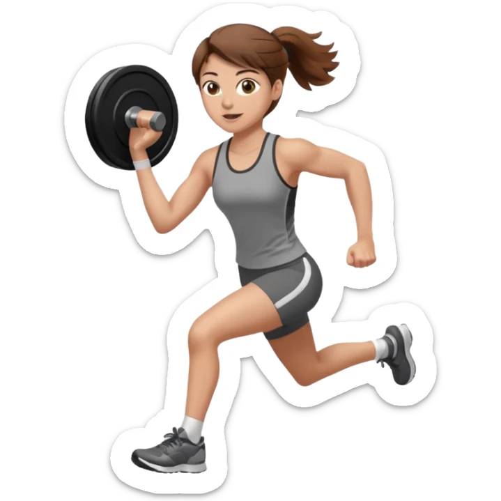 one women running and lifting weights. brown hair, light skin, hazel eyes. sticker