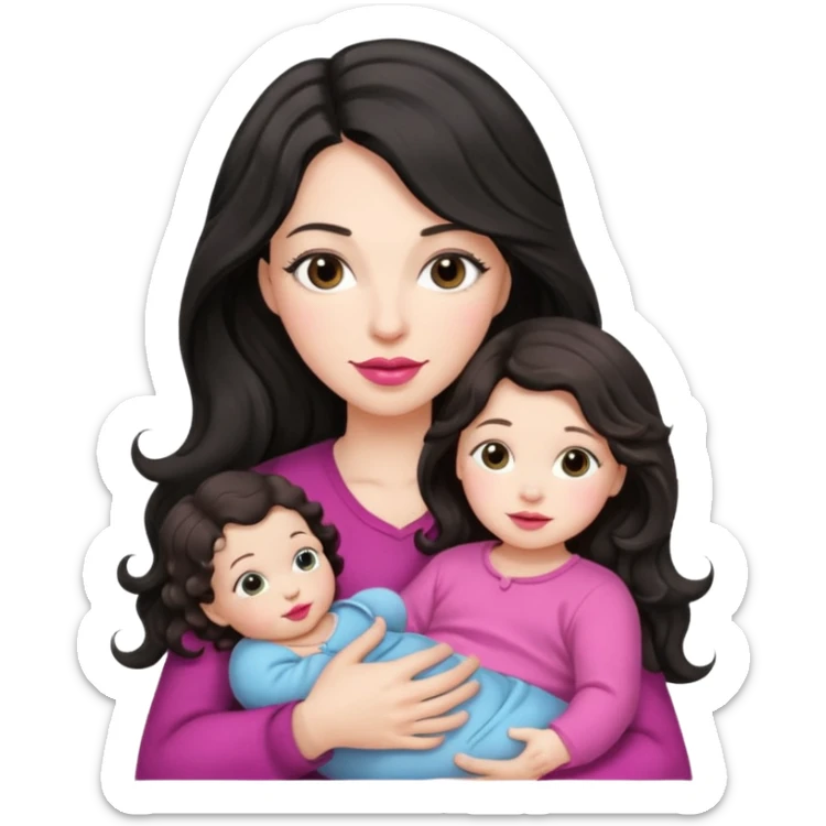 Beautiful Mother long black wavy  hair pink lipstick  holding 1 one infant brown hair fair skin sticker