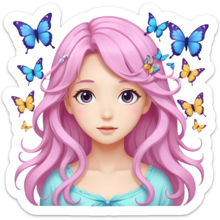 gorgeous anime pastel lady with butterflies and beautiful hair sticker