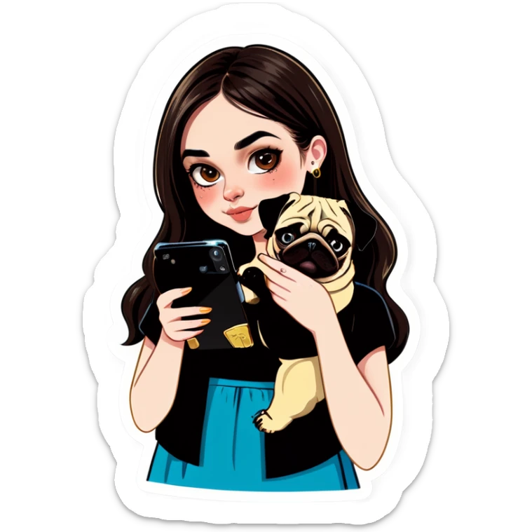 Beautiful young girl with choppy long dark brown hair flows over her her septum piercing is gold and shines as she holds her black phone and her large pug with an underbite layed beside her sticker