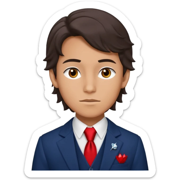 Number Five from "The Umbrella Academy": portrait of slim 16 yo teen (face, neck, shoulders, chest) in sarcastic pose, oval face with high cheekbones, gray eyes, dark brown wavy side-swept hair. Uniform: dark blue blazer with red trim, white shirt, black tie, diamond vest. sticker