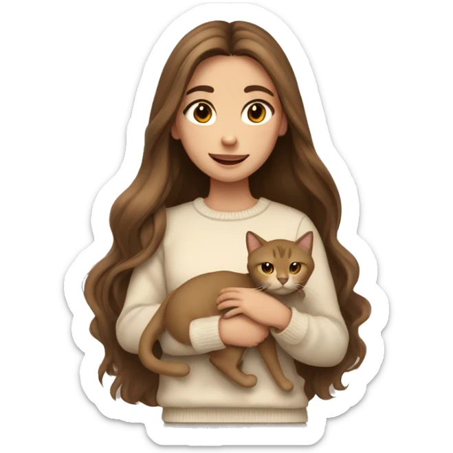 A girl with long brown hair, brown eyes, a begie jumper and she holding ha light brown cat sticker