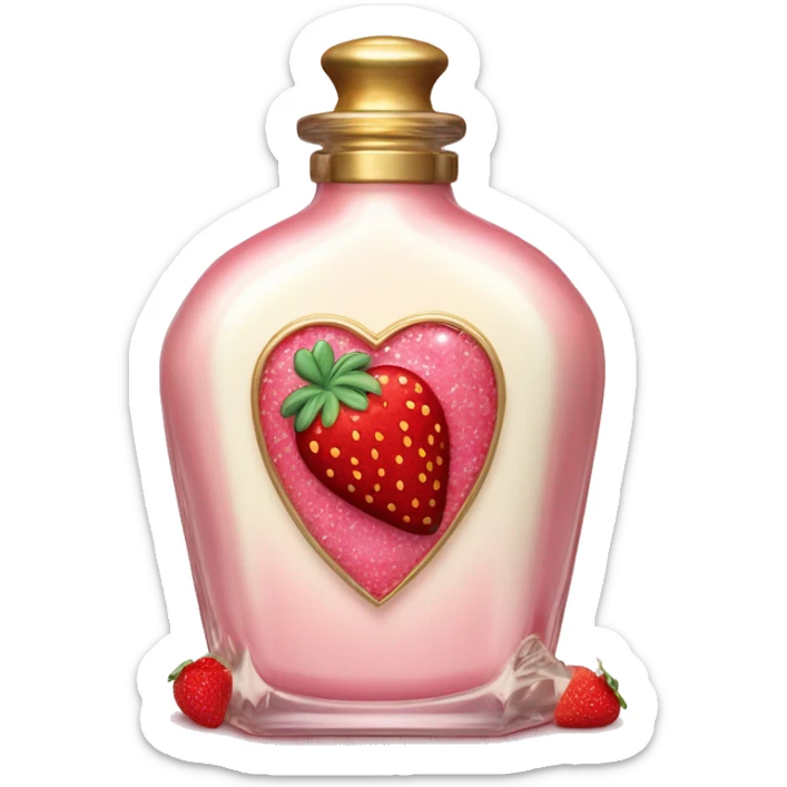 Antique heart-shaped parfumerie bottle with butter, made of red crystals, white cream and pink strawberry milk pour from the bottle sticker