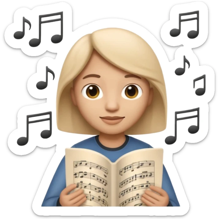 Apple Memoji-style 3D emoji of a composer holding sheet music, soft shading, rounded shapes, no background. sticker