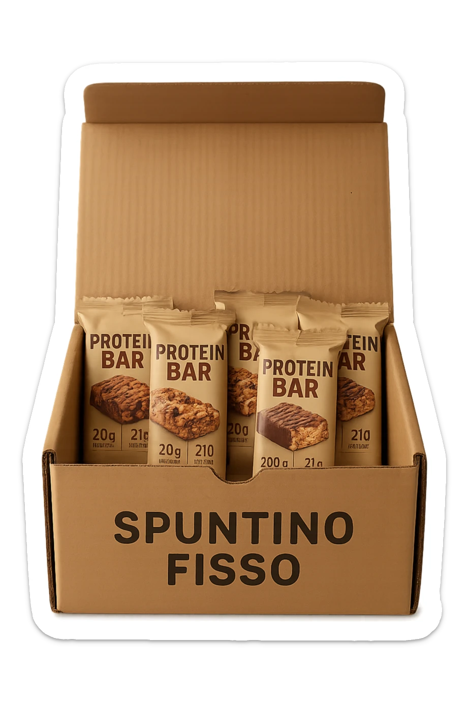 scatola aperta piena di barrette proteiche, con la scritta "SPUNTINO FISSO" SULLA CONFEZIONE in italiano,  realistici sticker