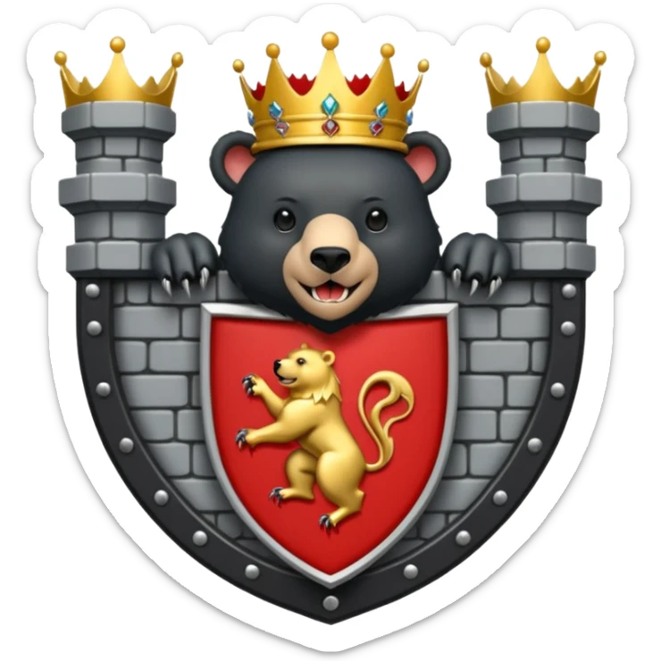 The coat of arms shows on a silver (white) shield, a black bear rampant with tongue and claws in red. On the shield rests a golden five leaved crest coronet, whose tiara of brickwork is provided with a gate in the center. sticker