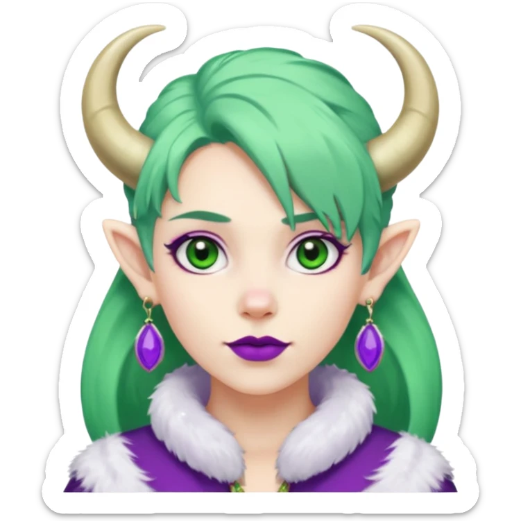 white furred unicorn with green hair and big purple earrings looking into camera and big horn and big earrings sticker