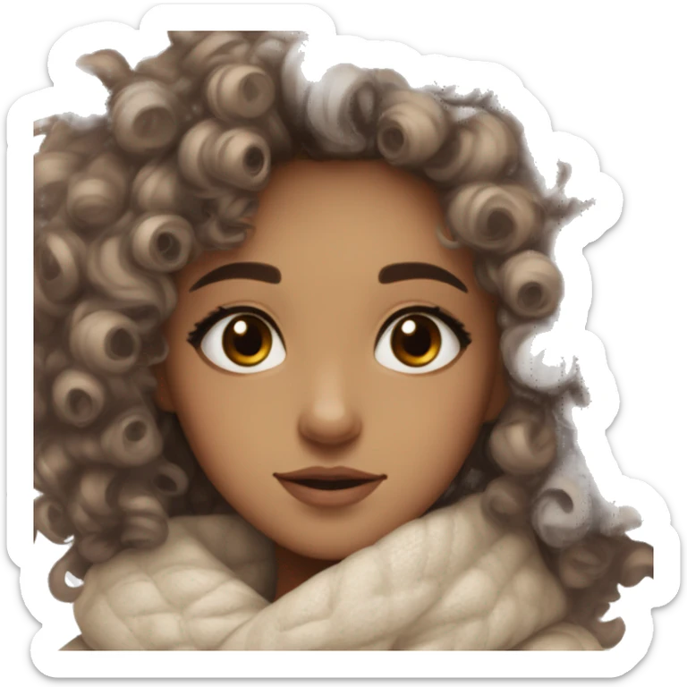 curly hair girl cozy winter clean girl aesthetic doe eyes medium neutral toned skin  sticker