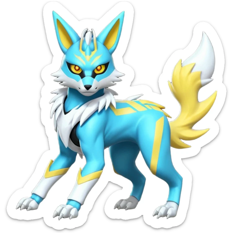 Shiny cyan yellow white electric complex futuristic white-cyber-masked Zeraora-Renamon-Electrike-Umbreon-Lombax-Weregarurumon-fusion-creature (full body sticker