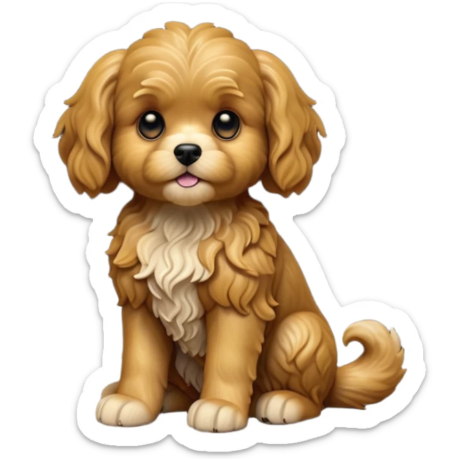 cinematic-[cavoodle dog]-realistic-full-body-sitting-emoji,-tail-resting-loosely-beside-its-paws,-head-tilted-dramatically,-wavy-[solid golden]-fur,-simplified-yet-realistic-focused-features,-highly-detailed,-glowing-with-an-almost-sarcastic-glow sticker